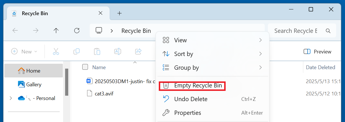 fix corrupted recycle bin
