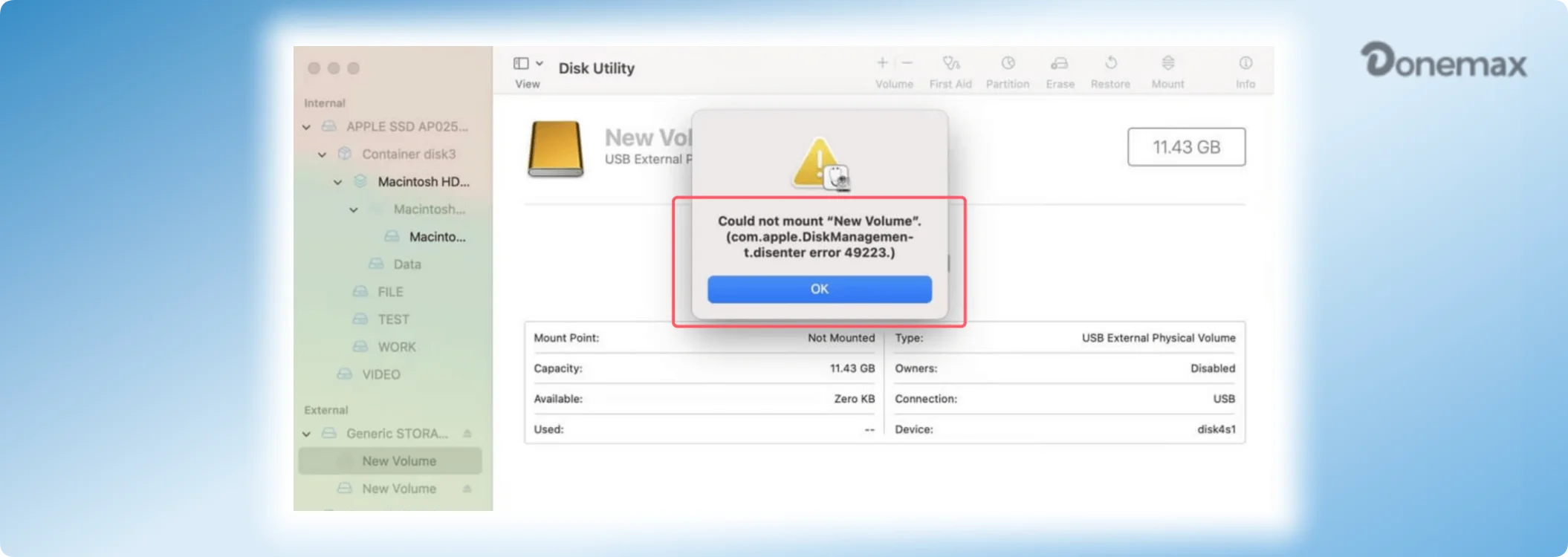 Fix com.apple.DiskManagement.disenter error 49223 on Mac