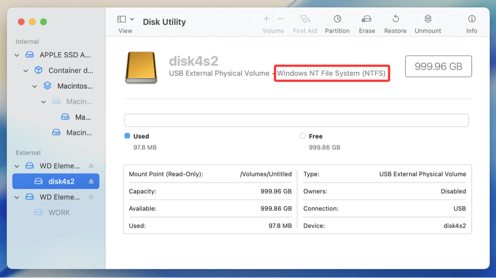 mount NTFS drive on macOS Tahoe 26