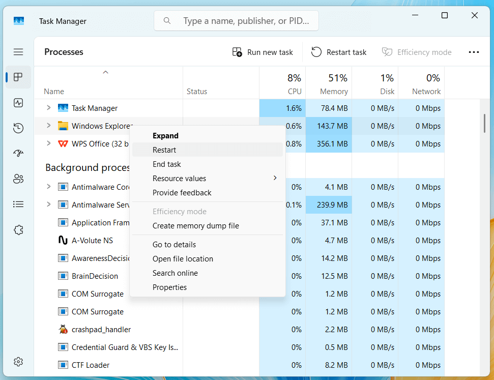 right-click on it and select Restart