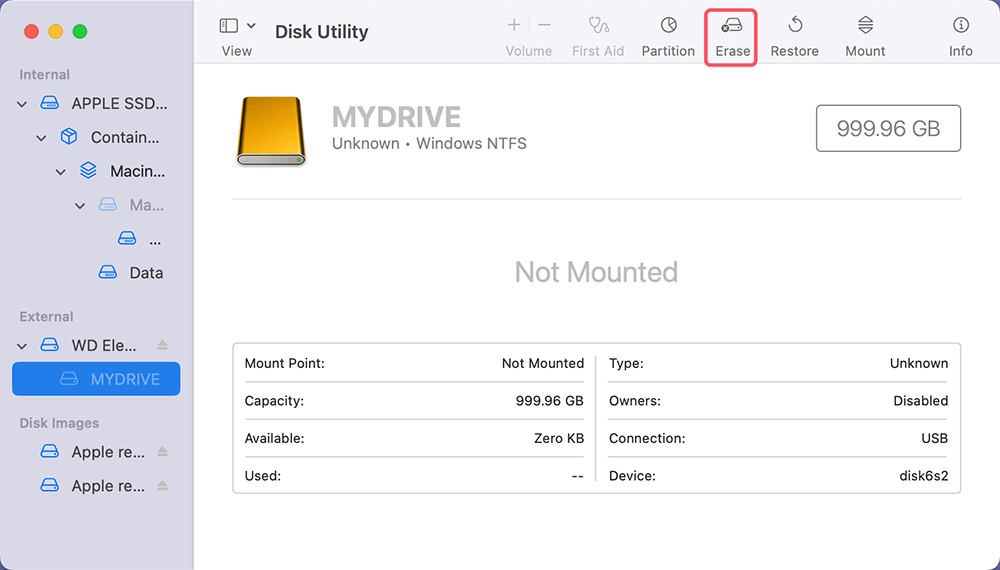 Select the NTFS external hard drive