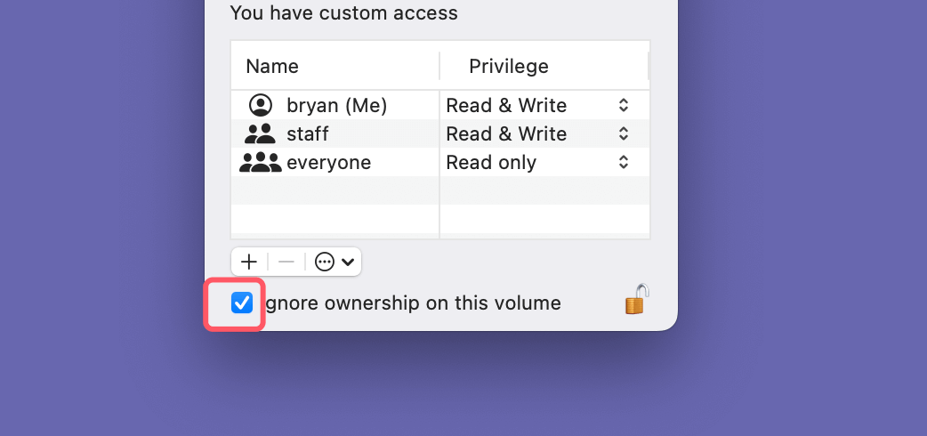 Disable 'Ignore Ownership on This Volume'