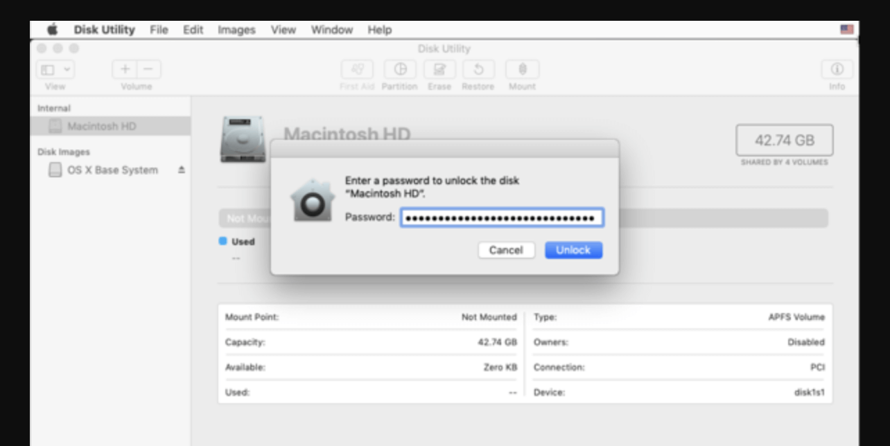 Click Unlock and enter the FileVault recovery key