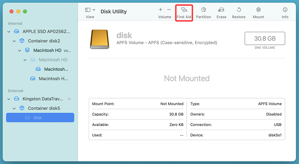 Run First Aid in Disk Utility