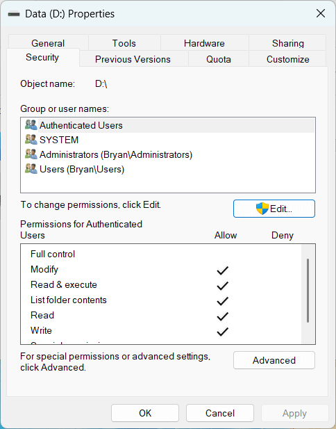 Open Advanced Security Settings