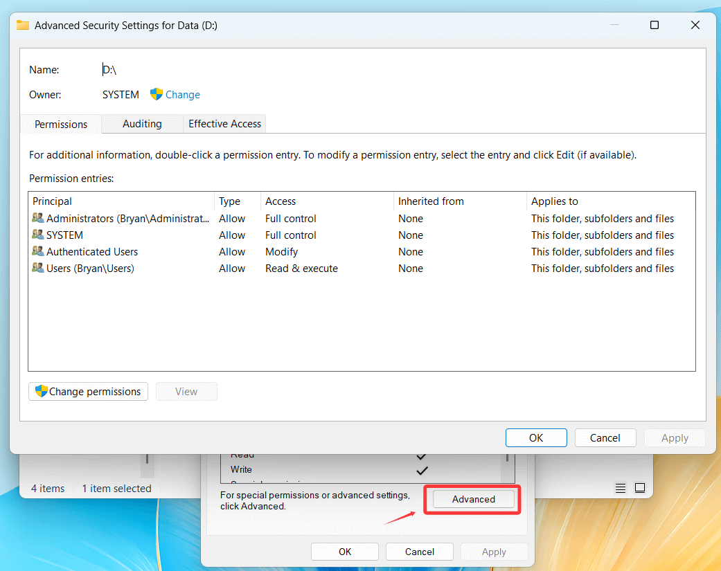 open the Advanced Security Settings window