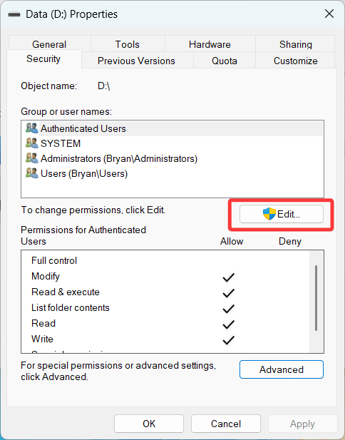 Tap Edit to change the permissions