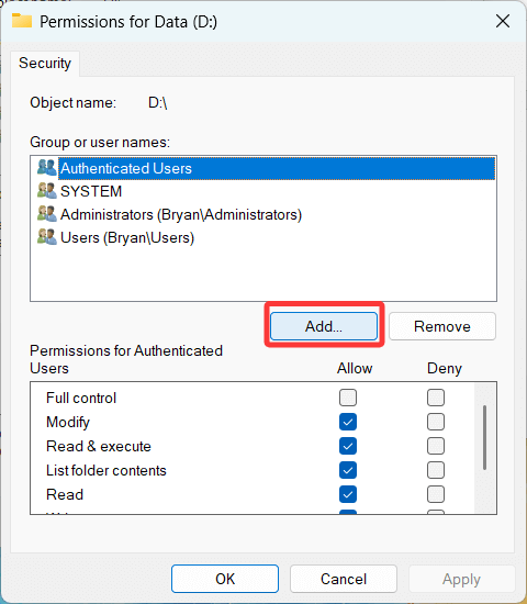 Select your username from the list of users and groups