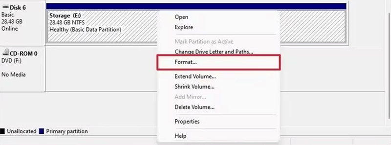 Right-click the drive and select Format