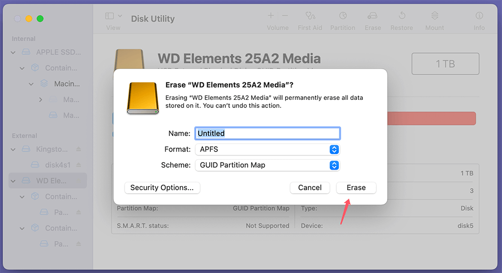 Click Erase to reformat the drive