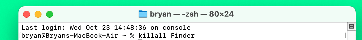 Type in killall Finder and press Return
