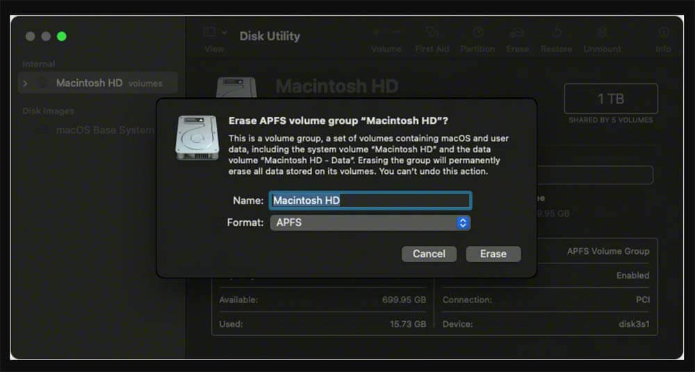 Erase and Reformat the APFS Volume