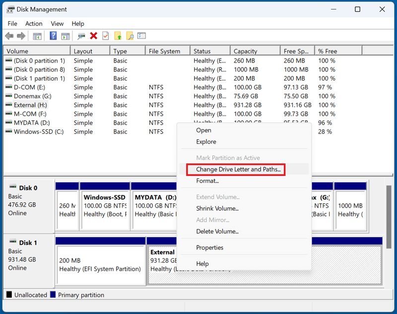 Choose Change Drive Letter and Paths with a right-click