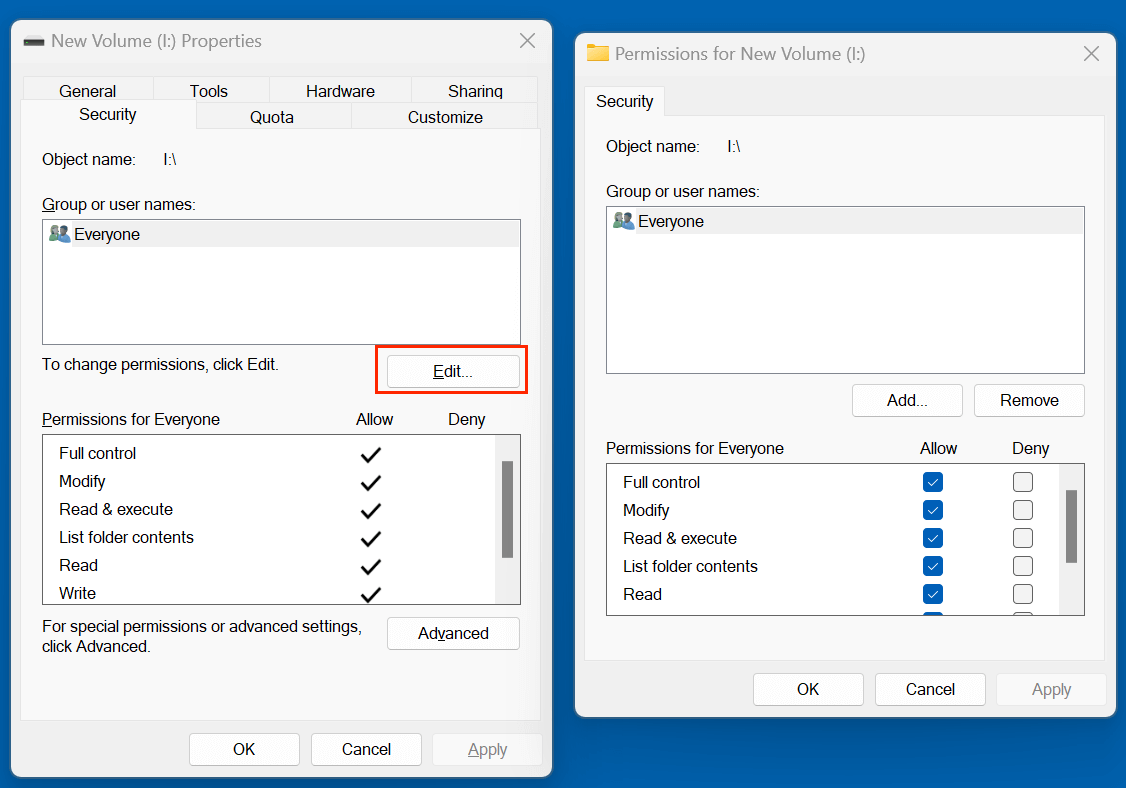 Click Edit > Select your user account > Check Full control
