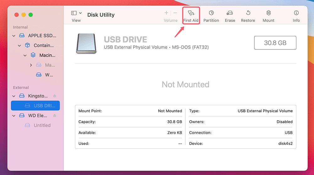 click First Aid at the top of the window