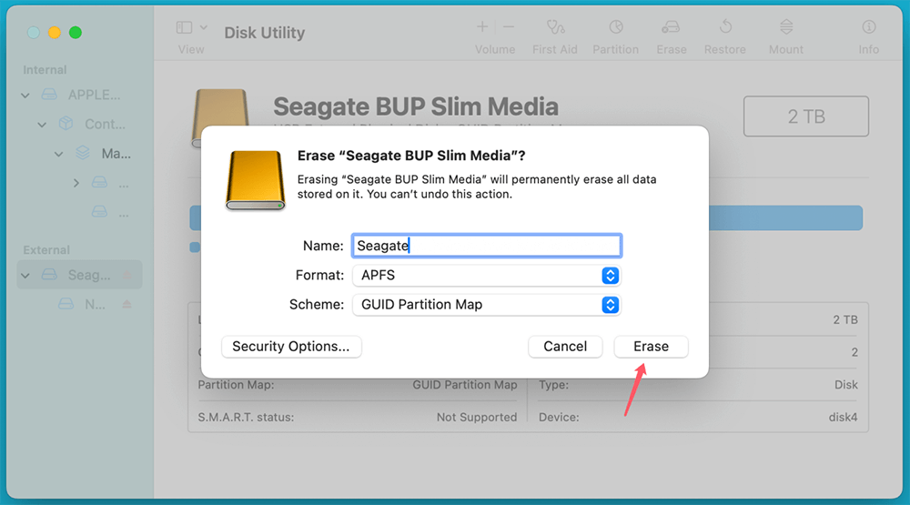 Click Erase to complete the process