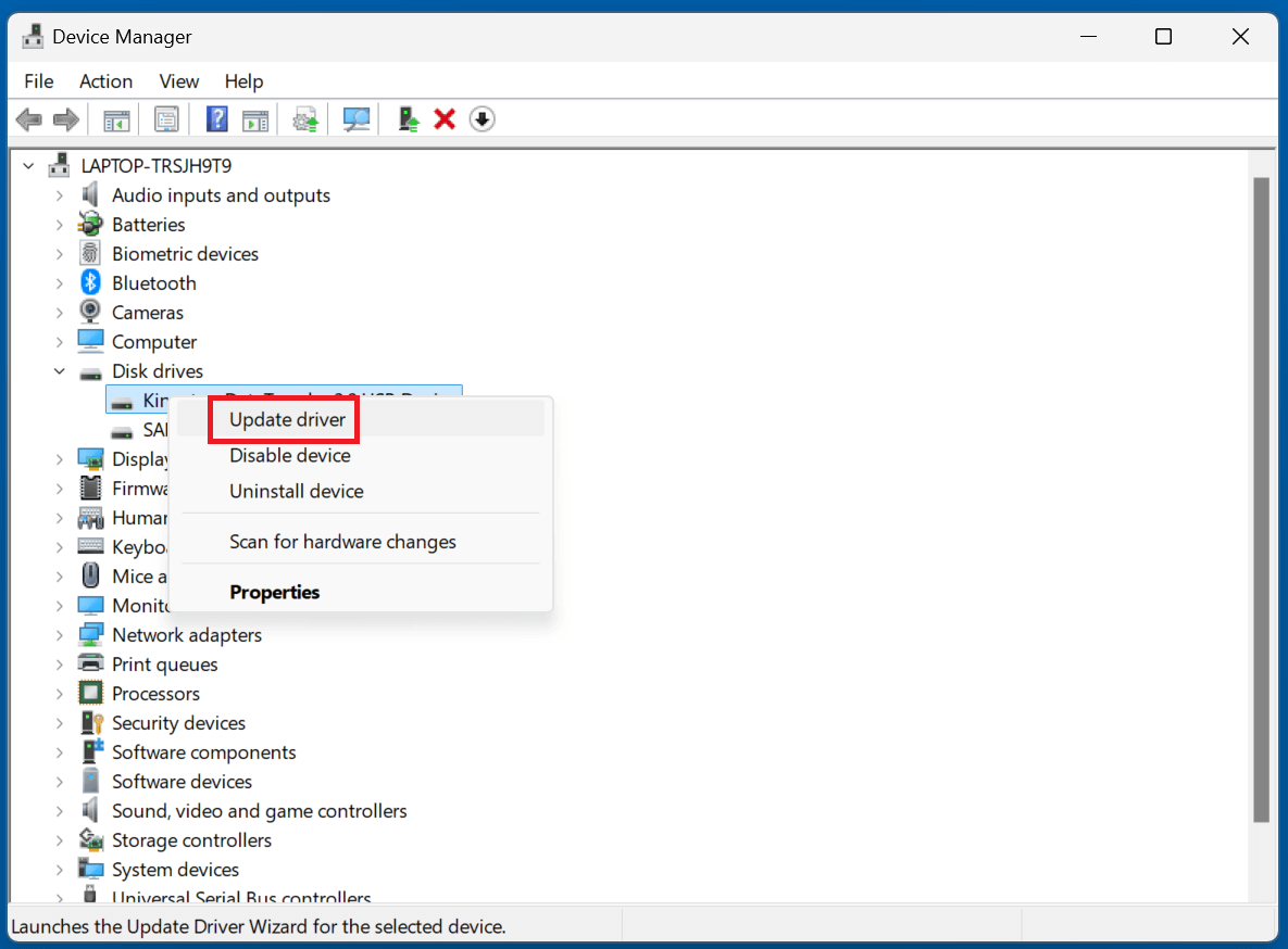 Right-click the SD card and choose Update driver