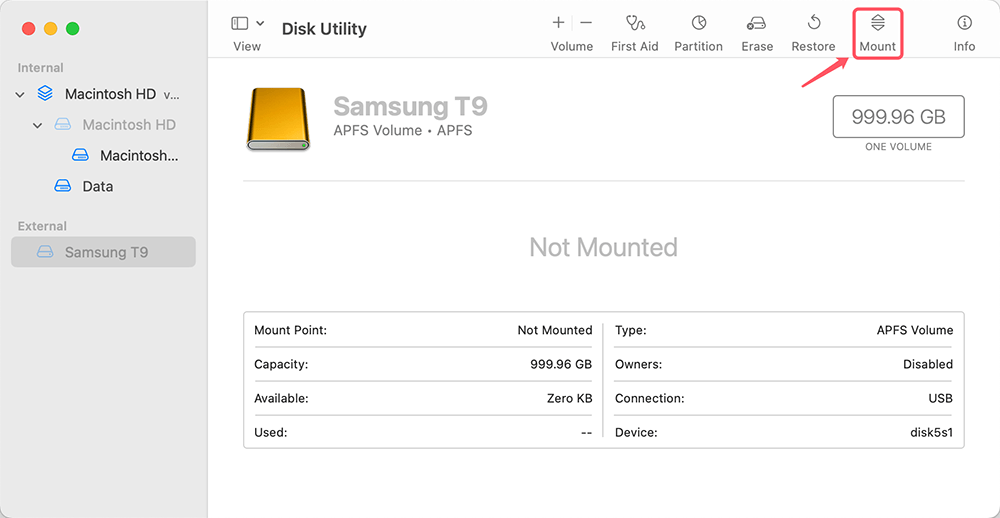 Mount Samsung T9 SSD in Disk Utility