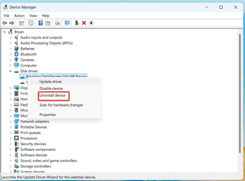 right-clicking and selecting Uninstall device