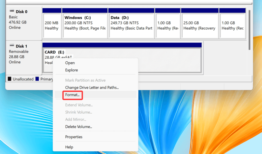Choose a file system and select Format