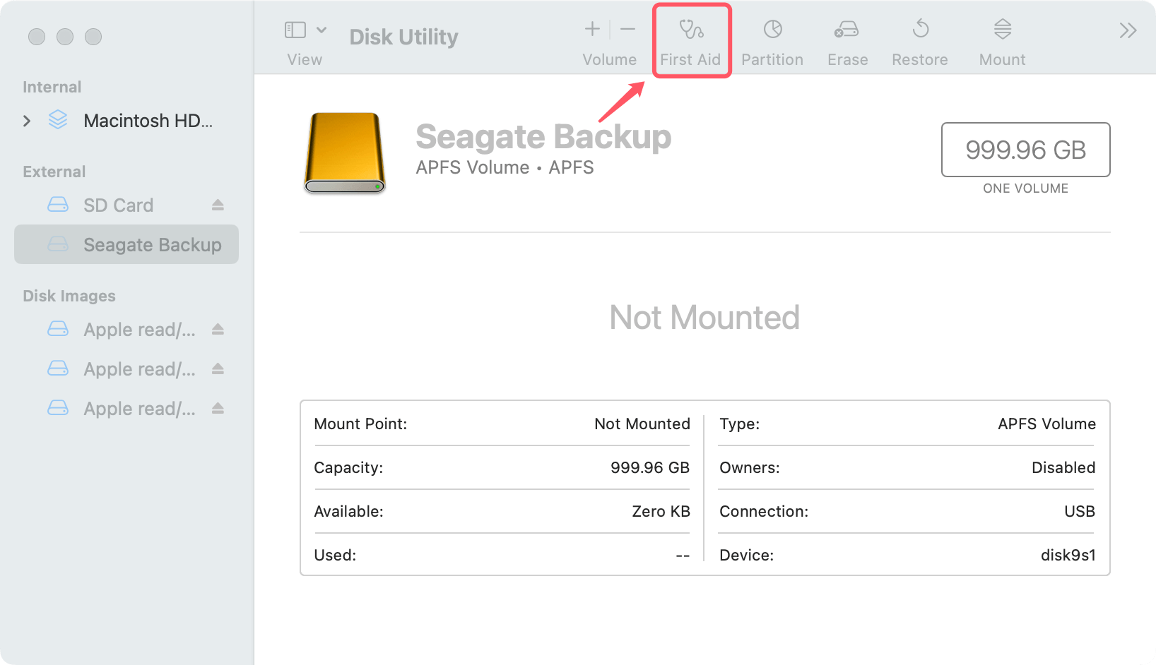Repair the Drive Using First Aid in Disk Utility