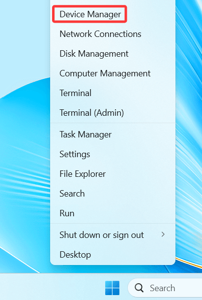Choose Device Manager by performing a right-click on the Start button