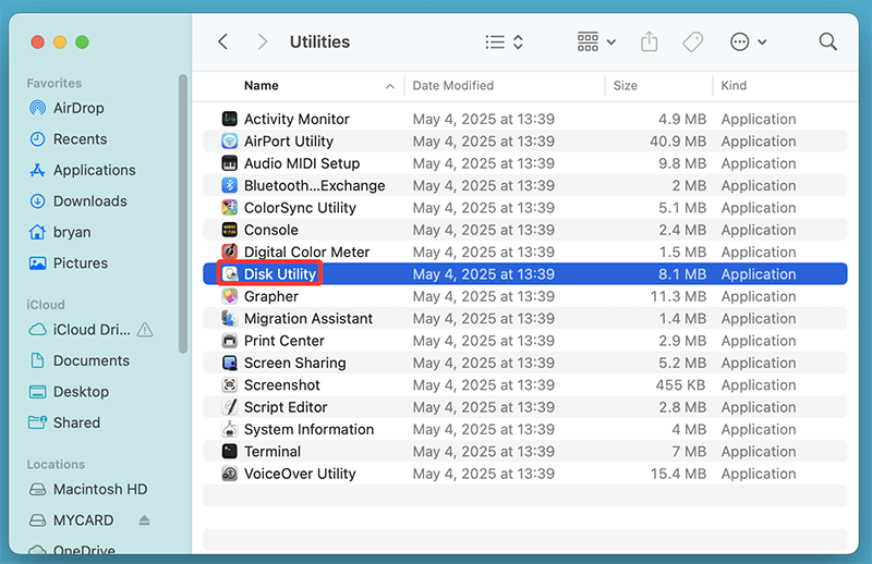 Open Disk Utility from Utilities via Applications