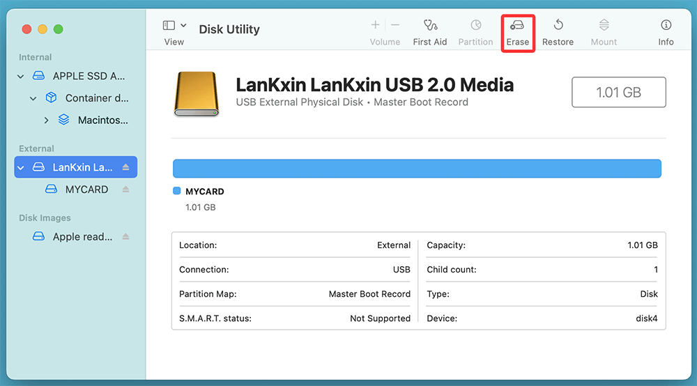 If Mount is available, click it. If not, click Erase