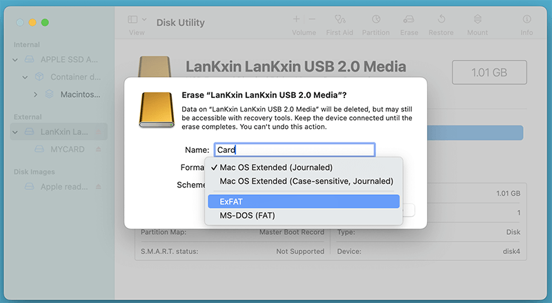 Choose ExFAT or MS-DOS (FAT) for cross-platform use