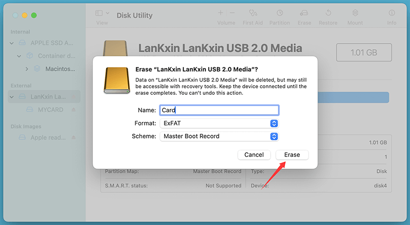 Click Erase to reinitialize the card