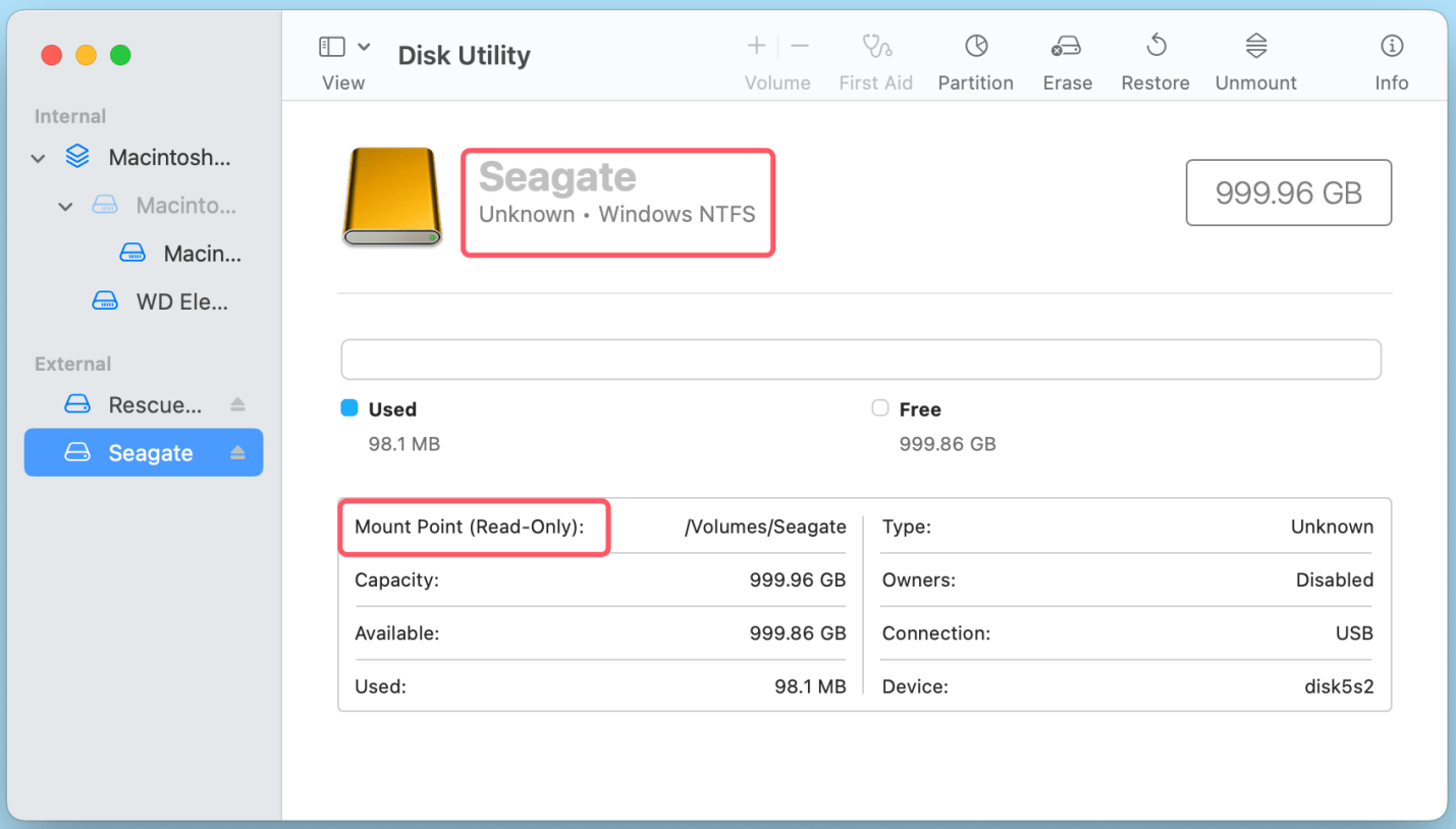 fix Seagate external hard drive read-only issue on Mac