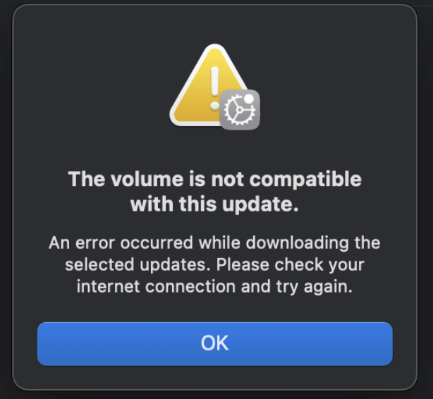 The volume is not compatible with this update