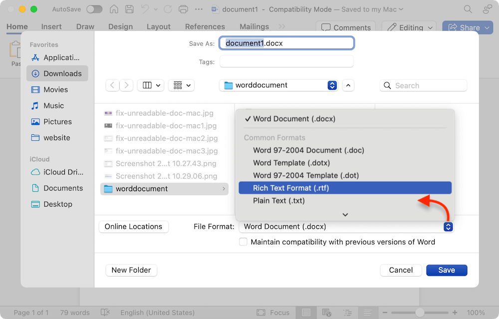 fix unreadable Word document on Mac