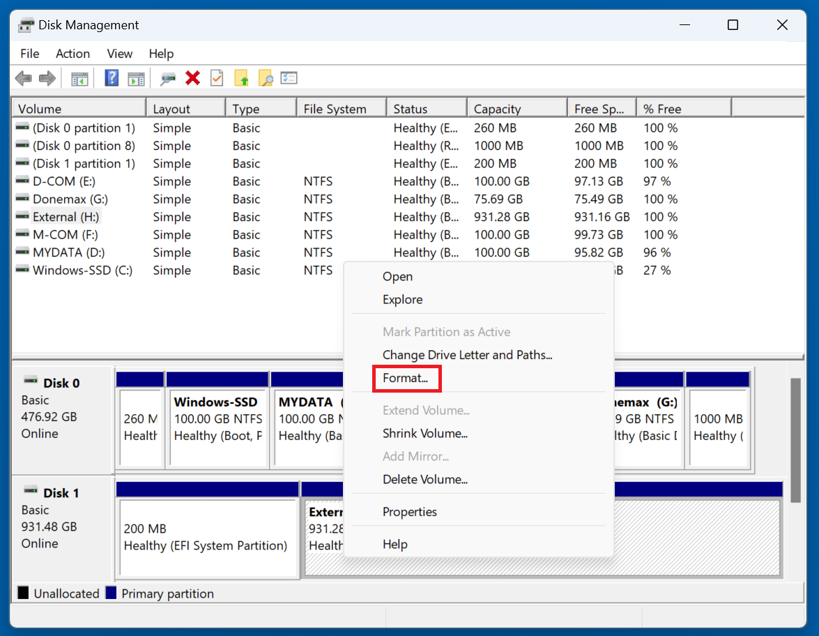 format a hard drive in Windows 11