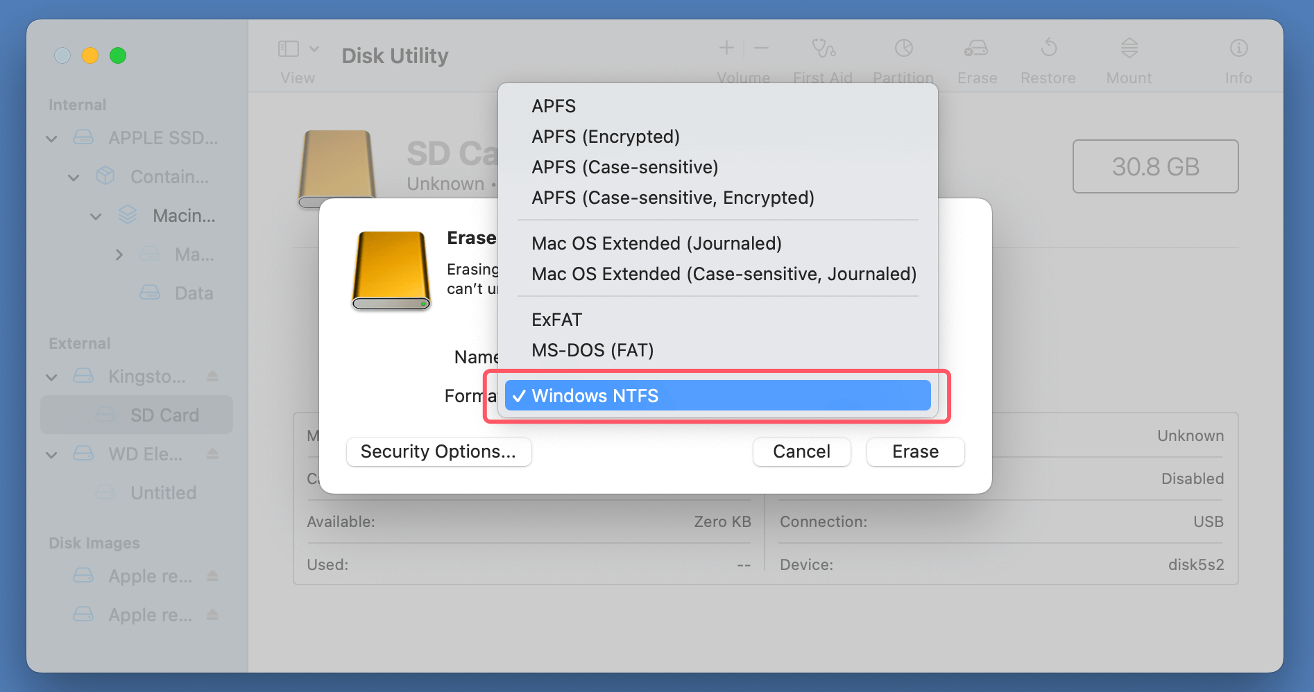 formatting an SD card to NTFS on a Mac