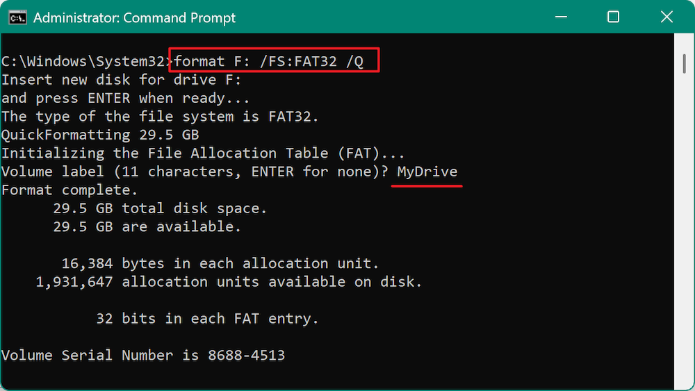 format to FAT32 with CMD