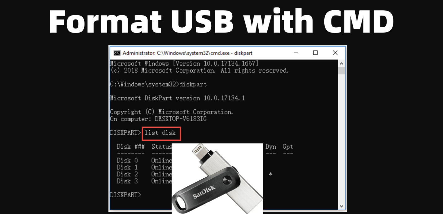formatting a USB flash drive using CMD's diskpart tool