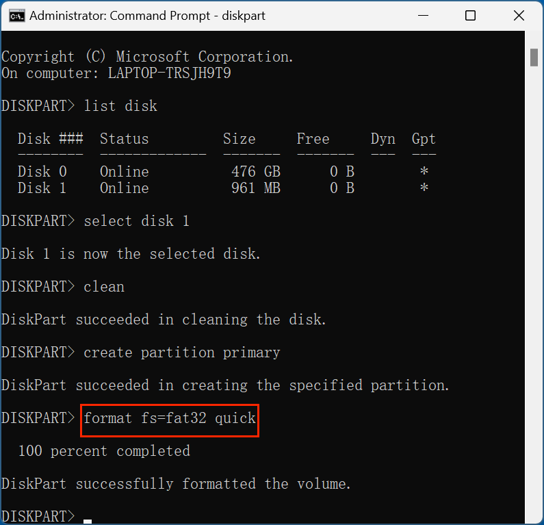 formatting a USB flash drive using CMD's diskpart tool