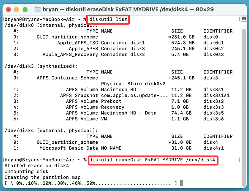 use Terminal with diskutil commands