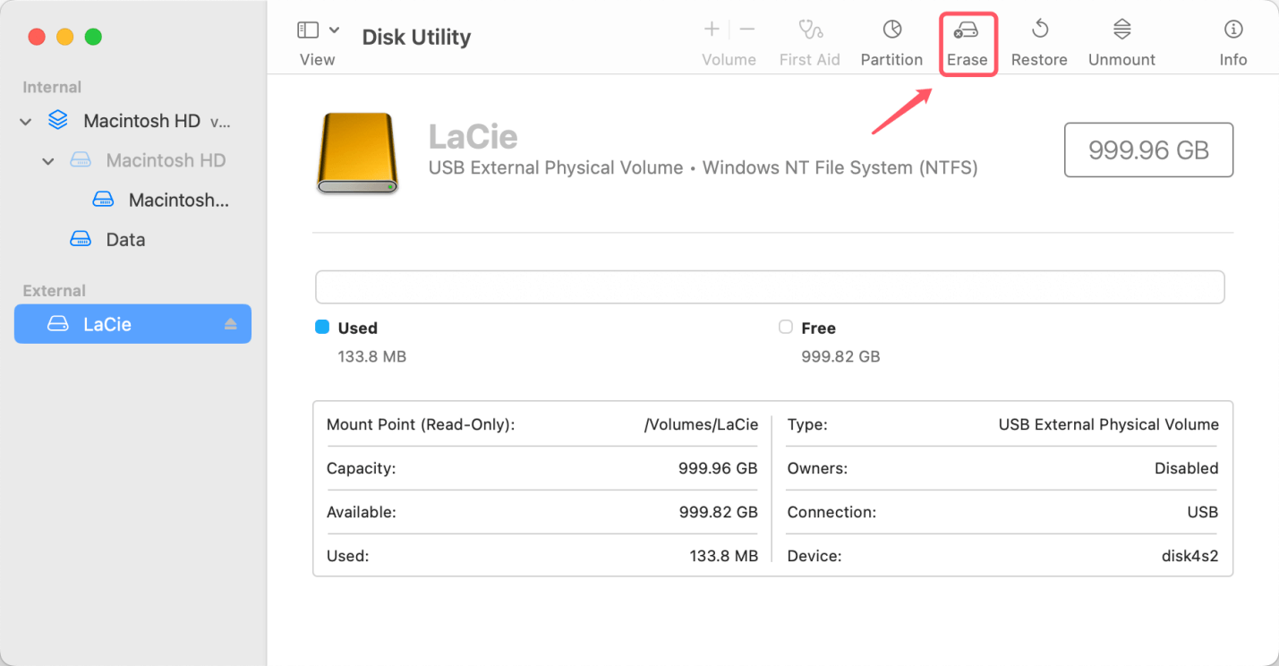 select the LaCie external hard drive