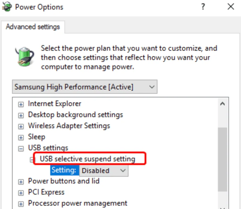 Disable USB Selective Suspend