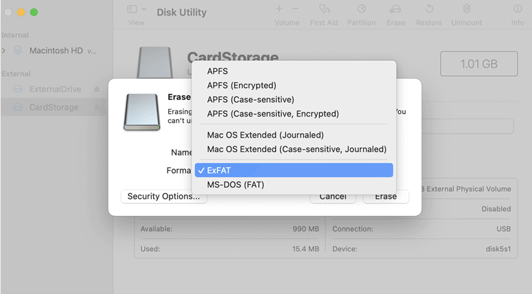Choose ExFAT or MS-DOS (FAT) as the file system