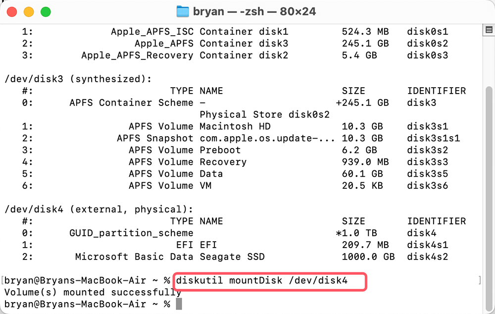 Type diskutil mountDisk /dev/disk4