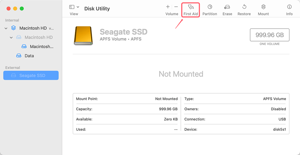 Pick out the SSD and click on First Aid