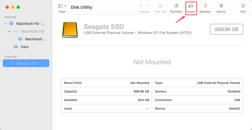 Choose the drive and click the Erase button