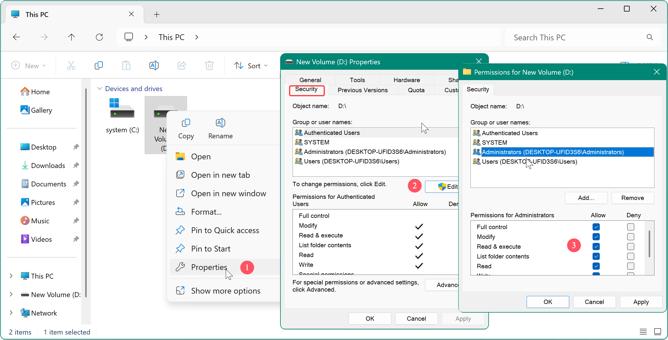 Modifying Disk Permissions (Windows)