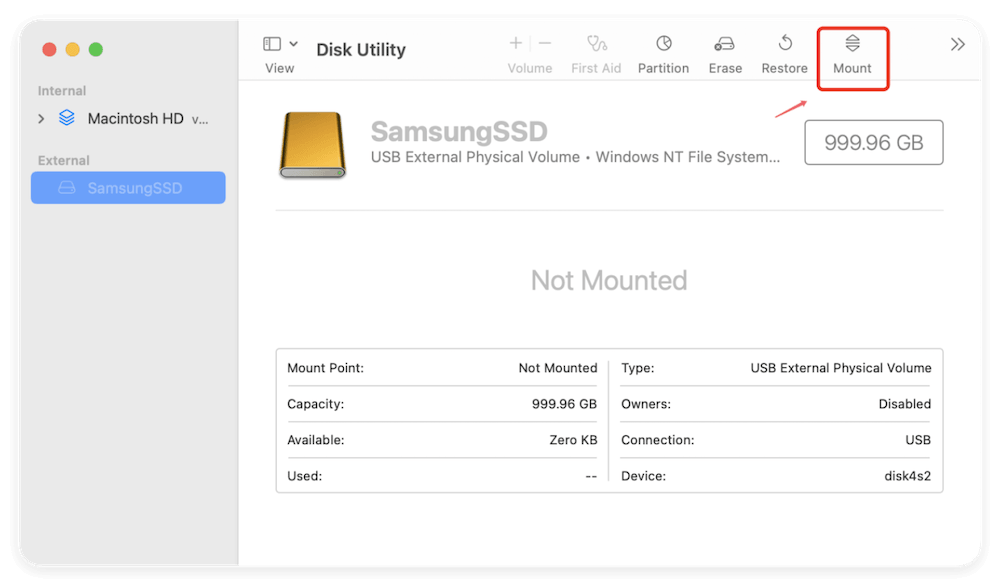 mount Samsung portable SSD T7 on Mac