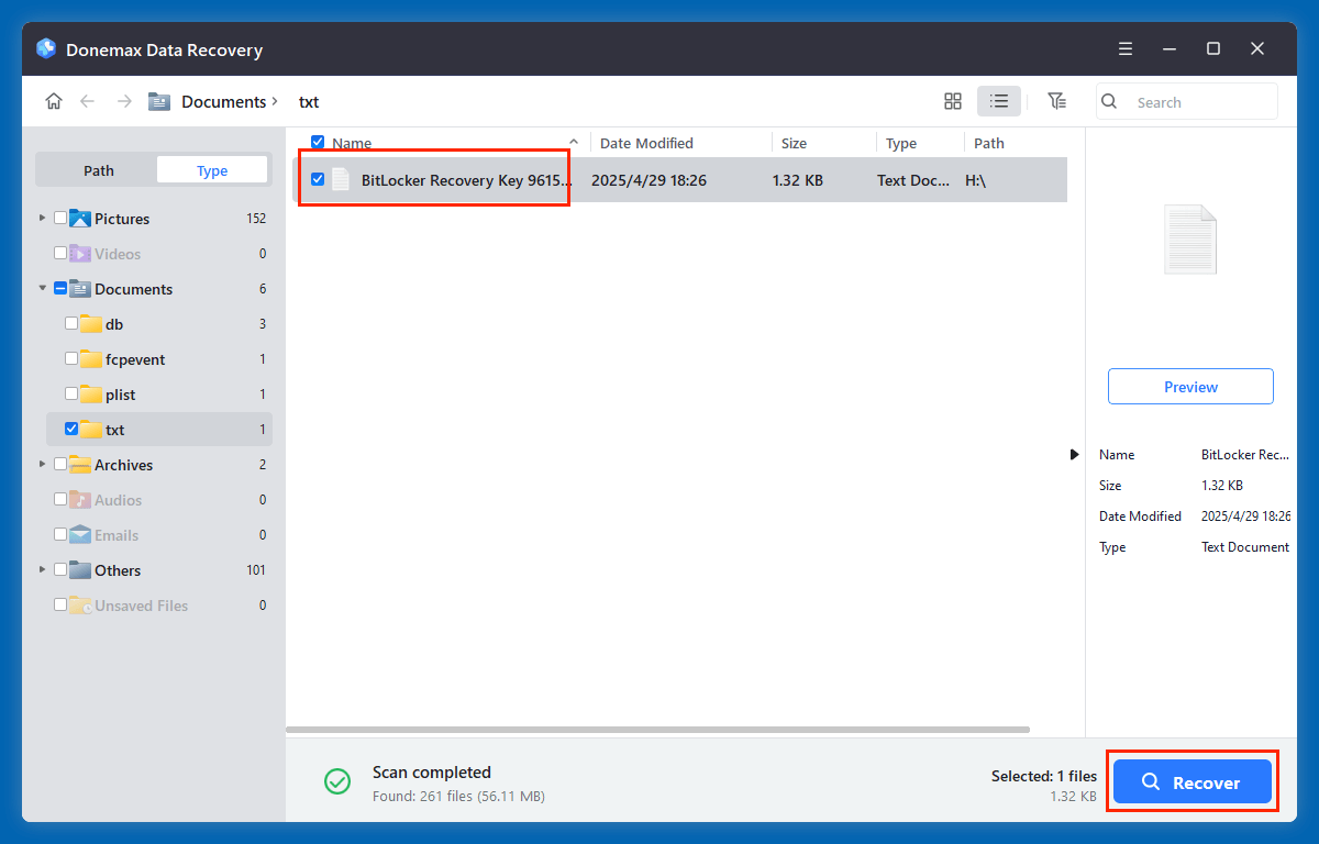 click on Recover button