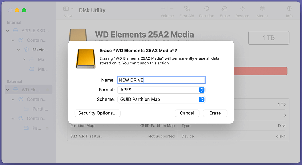 Click on Erase and choose the file system