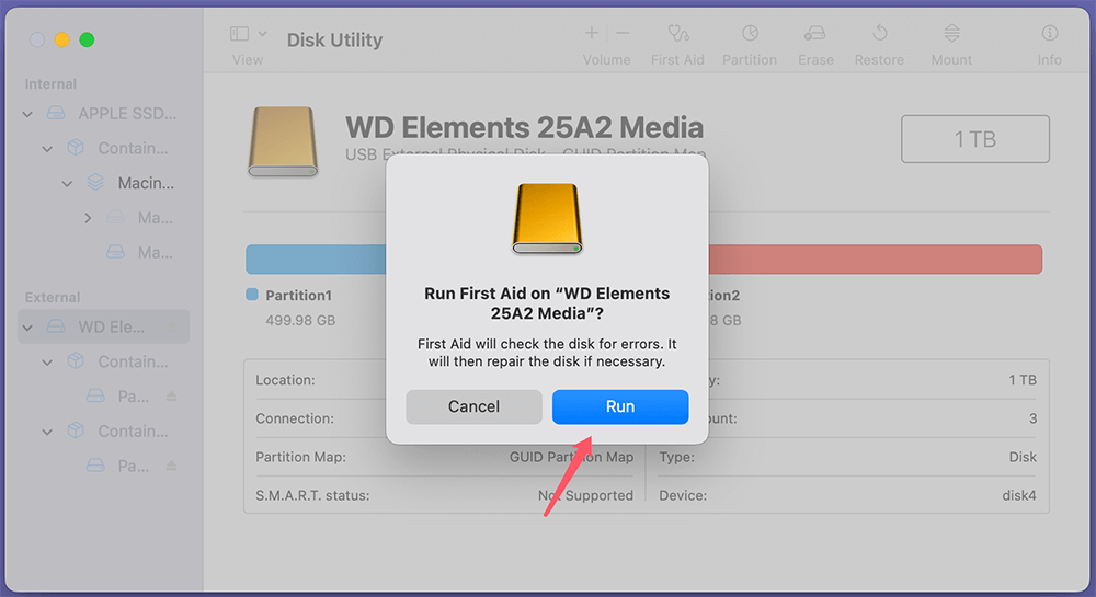 Tap on First Aid and then click Run to scan and repair the drive